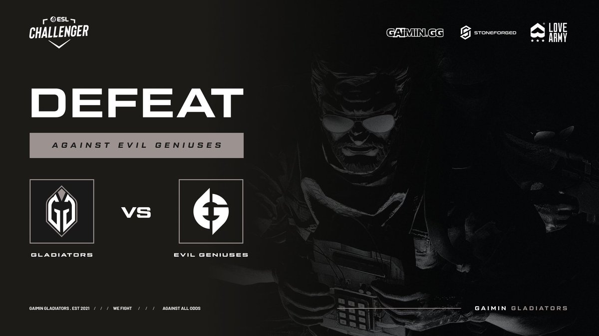 GaiminGladiator's tweet photo. We lost the series 2-1 to @EvilGeniuses which ends our run in the closed qualifier.

GGWP to them and best of luck against @ATKesportsGG.

Still a great effort from our squad ❤️⚔️🛡️

#GGCSGO #ESL #WeFight #AgainstAllOdds https://t.co/8QuTLEHGu6
