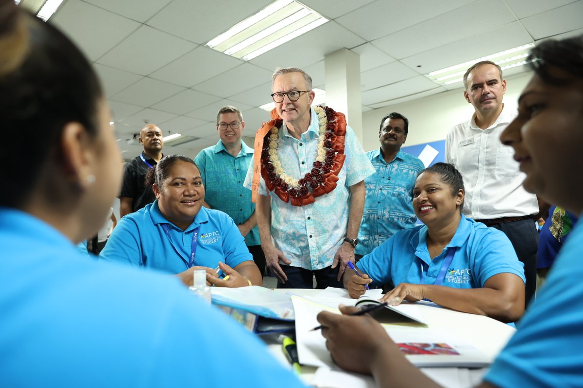 Department of the Prime Minister and Cabinet (@pmc_gov_au) on Twitter photo Thank you, Fiji, for hosting this year's Pacific Island Forum <a href="/ForumSEC/">Pacific Islands Forum</a> – the premier regional leaders meeting that has ensured 50+ years of discussion & collaboration in our Blue Pacific.
📷 clockwise PM <a href="/AlboMP/">Anthony Albanese</a> with Pacific leaders, with aged care students & 🇵🇬 PM <a href="/JamesMarape/">James Marape</a>. Thank you, Fiji, for hosting this year's Pacific Island Forum <a href="/ForumSEC/">Pacific Islands Forum</a> – the premier regional leaders meeting that has ensured 50+ years of discussion & collaboration in our Blue Pacific.
📷 clockwise PM <a href="/AlboMP/">Anthony Albanese</a> with Pacific leaders, with aged care students & 🇵🇬 PM <a href="/JamesMarape/">James Marape</a>.