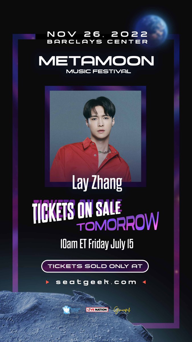 lay_studio's tweet photo. REMINDER: Tickets for METAMOON MUSIC FESTIVAL starts at 10AM ET Friday, July 15th! 

Please use SeatGeek to purchase tickets ➡️ https://t.co/DSXnAFXm5P

@layzhang @metamoonfest @barclayscenter https://t.co/rYZBpWsRYw