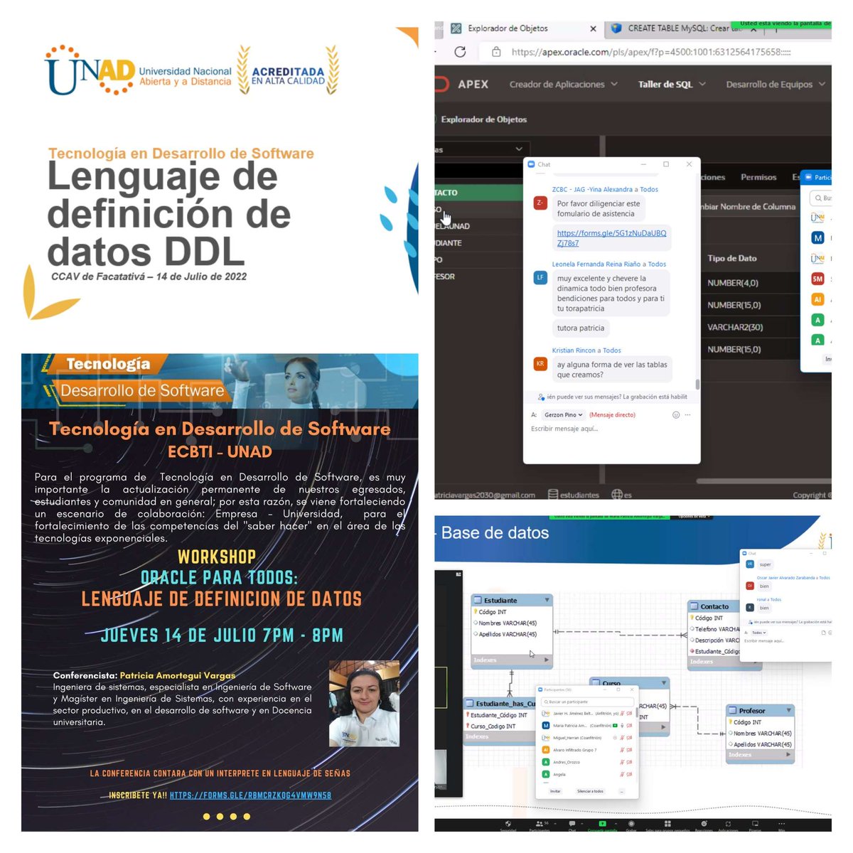 Hoy desde la Tec en Desarrollo de Software tuvimos la 2 sesión del Taller Oracle para todos a cargo de la Ing Patricia Amórtegui y contamos con más de 80 participantes:estudiantes egresados y personas del sector productivo, agradecemos a la VISAE su apoyo, invitados a la 3 sesión