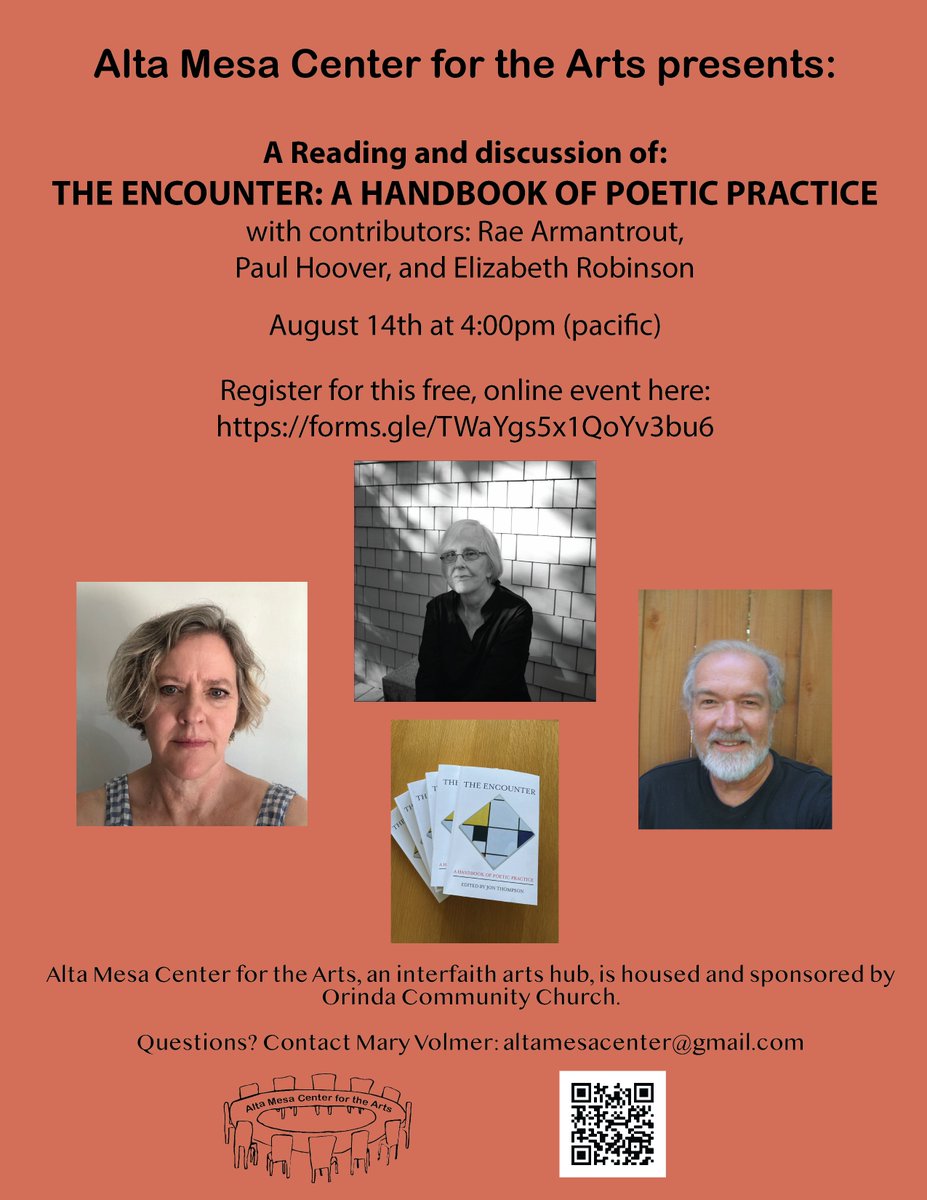 Next at AMCA: a reading and discussion of THE ENCOUNTER: A HANDBOOK OF POETIC PRACTICE with Rae Armantrout, Paul Hoover and Elizabeth Robinson. Register HERE: forms.gle/DSeASFfYVJ2QZ3…