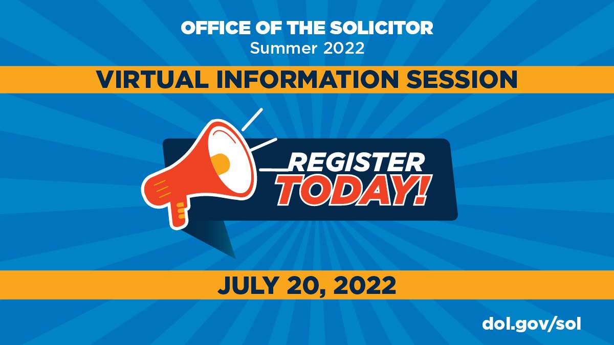 USDOL's tweet photo. 📅 Save the date!
On July 20th 1-2:30pm ET the Office of the Solicitor is hosting a virtual information session for those who are considering a legal career at @USDOL. 

 Register here ➡️ https://t.co/pOQBHPdciA https://t.co/F37HU4p5lf