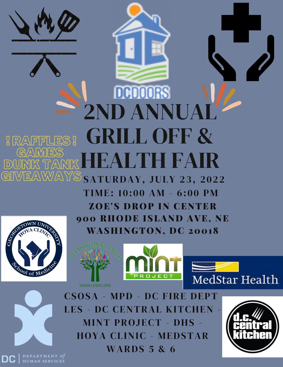 DC_DOORS's tweet photo. Please join Zoe's Drop-in Center next week for their 2nd annual Grill Off and Health Fair! 

We're excited to be joined by Georgetown HOYA Clinic, DHS, and many more to support youth experiencing homelessness.

Learn more about Zoe's drop-in center at https://t.co/VBh3Ea61a7 https://t.co/qsFh02PE5Q