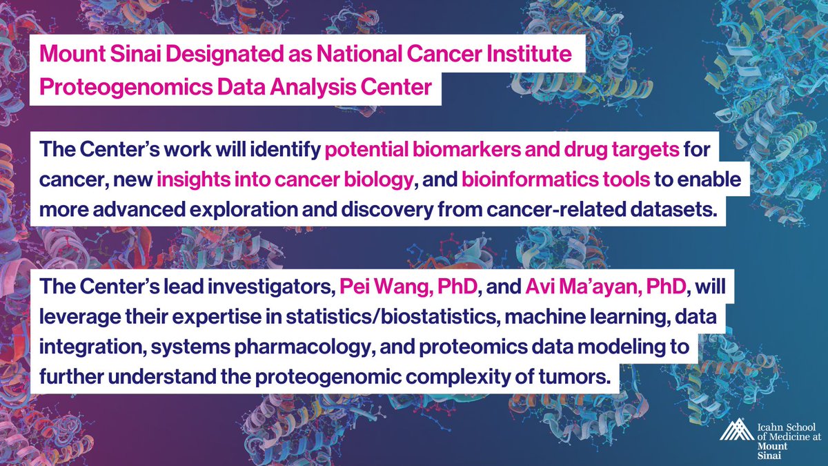 SinaiGenetics's tweet image. National Cancer Institute awards $4.2M/5 yrs to @IcahnMountSinai researchers Pei Wang and Avi Ma'ayan to establish #Proteogenomic Data Analysis Center (PGDAC) to advance #cancerresearch &amp;amp; treatments: mountsinai.org/about/newsroom… #PGDAC