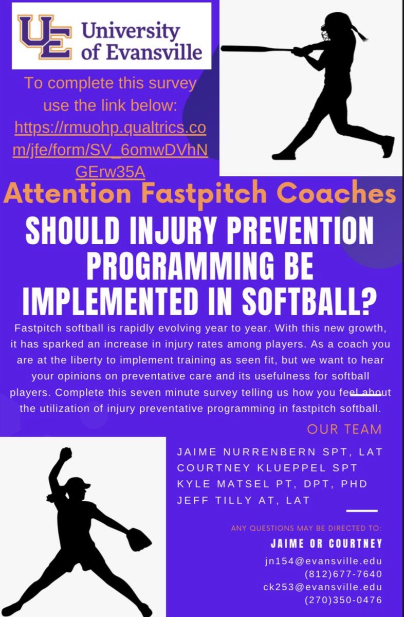 Do your SOFTBALL athletes SUFFER INJURIES?? 
Are you a FASTPITCH softball coach?
Studies show that the rate of injuries in softball is continuing to increase; my team and I are trying to combat this statistic. 
Help us work to prevent softball injuries:

rmuohp.qualtrics.com/jfe/form/SV_6o…