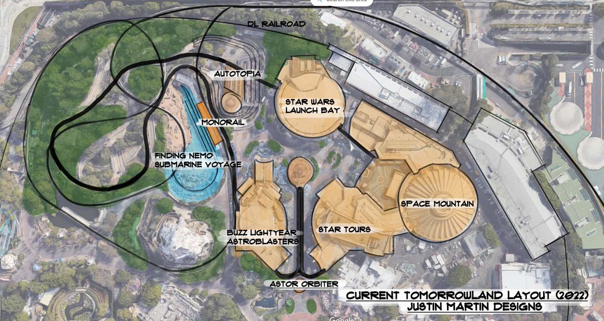 Justin_Martin23's tweet photo. All of this Disneyland Tomorrowland Peoplemover talk got me to finally sit down and sketch out some ideas. The three drawings here are of 1. The current Tomorrowland 2. What I think could be announced (maybe) at D23 and 3. My dream concept for a new Tomorrowland. https://t.co/JKOyoug1wr