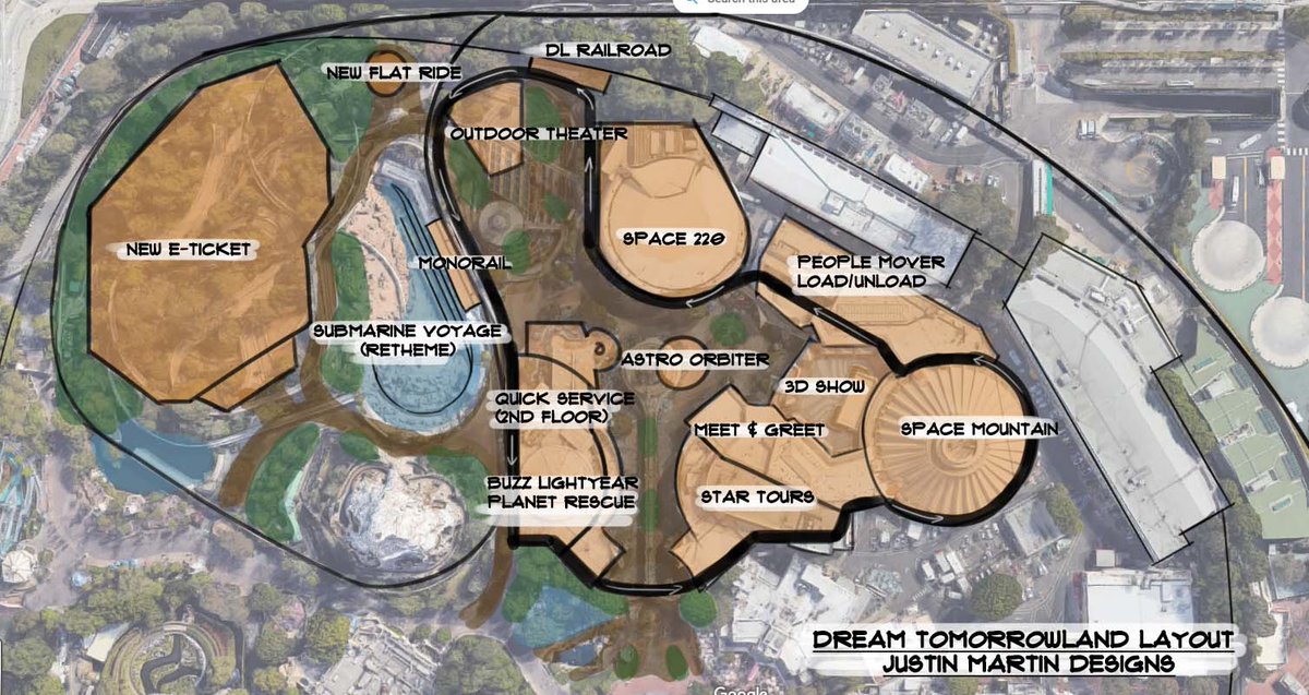 Justin_Martin23's tweet photo. All of this Disneyland Tomorrowland Peoplemover talk got me to finally sit down and sketch out some ideas. The three drawings here are of 1. The current Tomorrowland 2. What I think could be announced (maybe) at D23 and 3. My dream concept for a new Tomorrowland. https://t.co/JKOyoug1wr