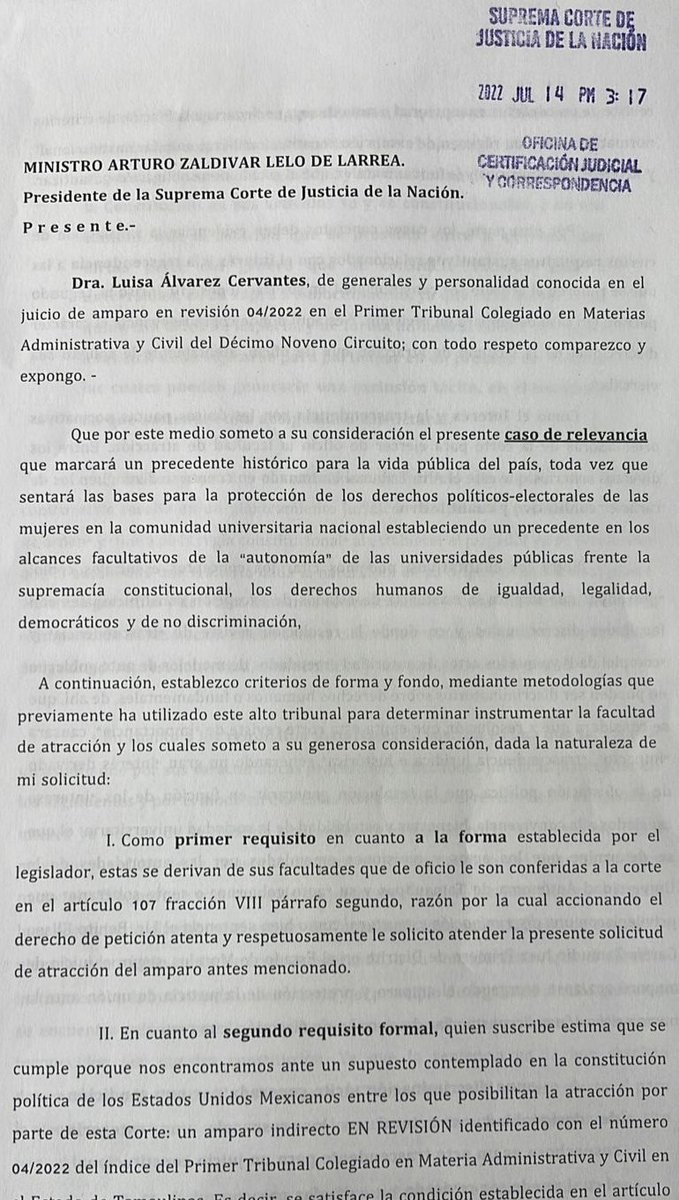 DraLuisalvarez1's tweet photo. Ingresada mi solicitud a @SCJN para que atraiga caso x la anti democrática y discriminatoria elección de rector @UAT_mx; Al ministro presidente @ArturoZaldivarL #Justicia #Igualdaddegénero #Tamaulipas #inmujeres #CNDH #SEP @ReniesIgualdad #CUMEX #REDDU #ANUIES #DGESU https://t.co/x0zFUcjRVM