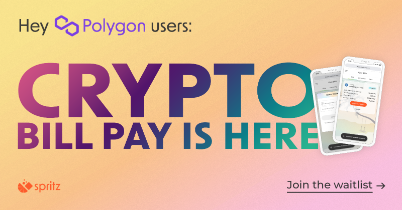 spritzfinance's tweet photo. Get early access to pay bills with crypto!

💜 Connect IRL bills to any Polygon wallet
💜 Program payments w/o offramping to a bank
💜 Enjoy low gas &amp; zero transaction fees