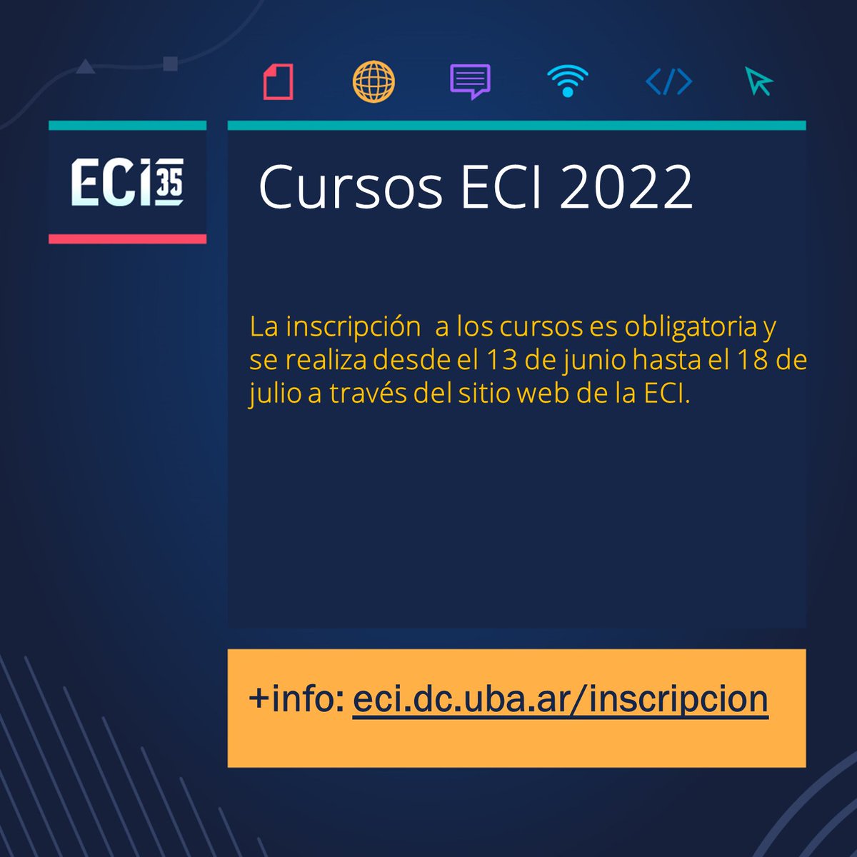 Te recordamos que el lunes 18/7 es el último día para inscribirte a los cursos presenciales de la #ECI2022 organizada por <a href="/ComputacionUBA/">Computación, Exactas - UBA</a> y desarrollada en <a href="/Exactas_UBA/">Exactas UBA</a>. Más información de los cursos e inscripción en el sitio web: dc.uba.ar/eci