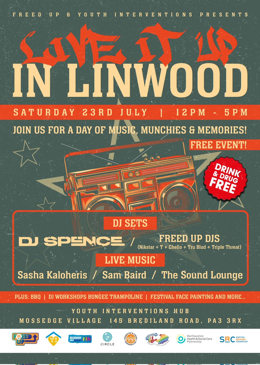 FreedUpEvents's tweet image. There we have it full line up for 'Live It Up In Linwood' at @YouthIntervent1 on 23rd July 😎
DJ sets from DJ Spence and 5/6ths of the #FreedUp OG DJs
Performances from @KaloherisSasha Sam Baird and @droogs_the 
 #ConnectedAndCaringRenfrewshire #RecoveryWalkScotland
