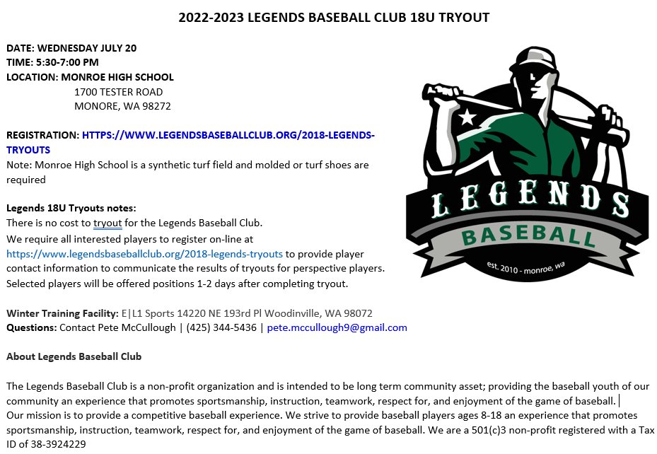 bjbrittingham's tweet photo. 18U Legends Baseball Club Tryouts Wednesday, July 20th at Monroe High School from 5:30-7:00pm. https://t.co/jV67znM2gy https://t.co/FVHtZnKBT1