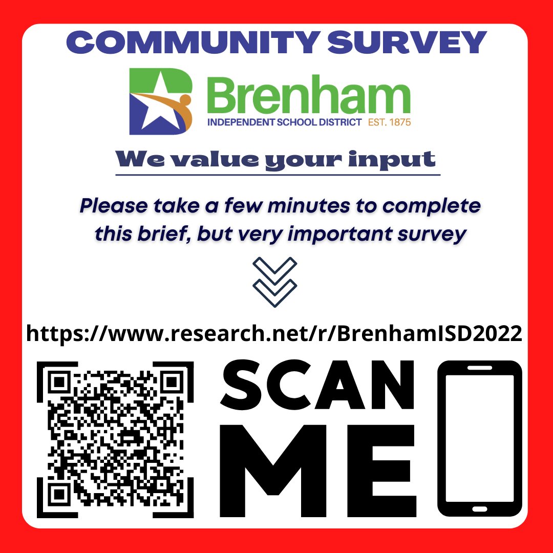 BISD community, we have partnered with an independent polling firm to help us gauge what voters think about the district &amp; the various building options being considered.  We ask that you please take a few minutes to complete this survey:research.net/r/BrenhamISD20…