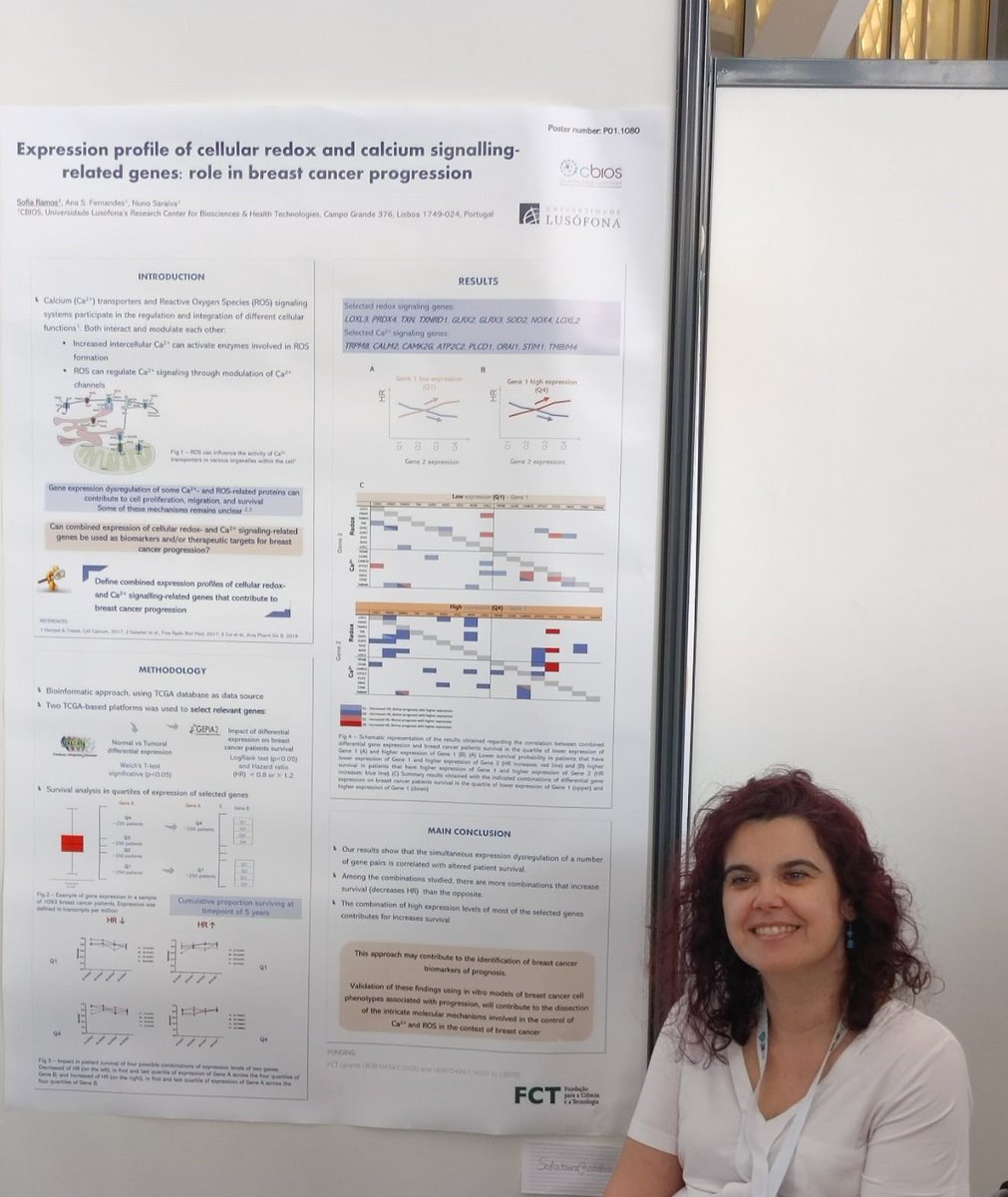 SofiaRamos_7's tweet photo. I´m glad to share my first results at #biochem2022 in my poster entitled "Expression profile of cellular redox and calcium signaling-related genes: role in breast cancer progression", a project developed in @CBIOS. Thanks to my new bioinformatic friends for sharing their knowledg https://t.co/62IuPYI8P8