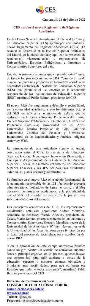 ces_ec's tweet photo. 📌 BOLETÍN | CES aprobó el nuevo Reglamento de Régimen Académico.

🔀 https://t.co/UZ5FOPlQUx https://t.co/wxffeusowy