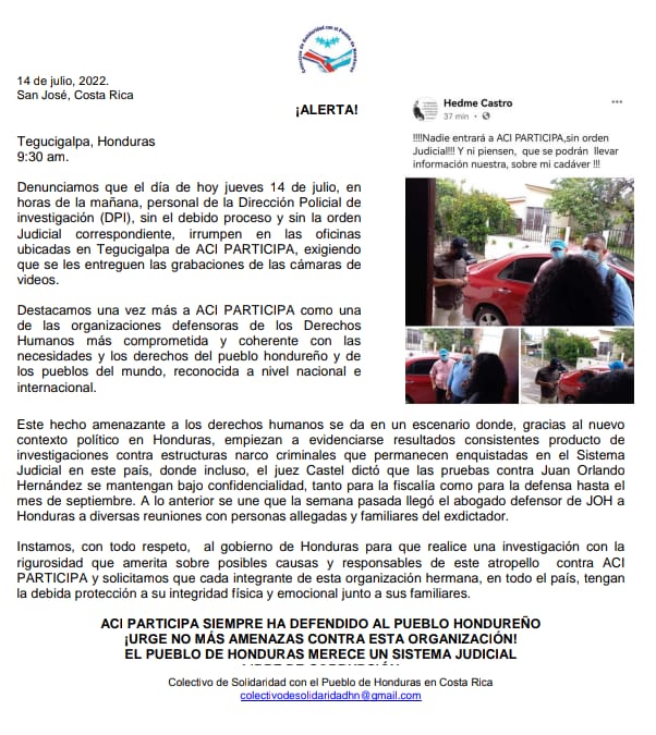 aciparticipa's tweet photo. #DefensaDDHH | Ante los acontecimientos de este día, agradecemos la solidaridad de Colectivo de solidaridad con el pueblo de Honduras en Costa Rica. https://t.co/vk32eUEZ3O