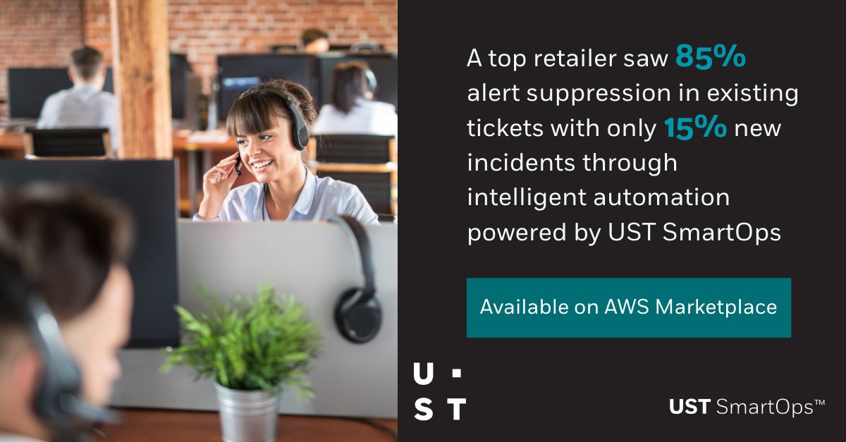 USTSmartOps's tweet photo. A leading US-based retailer saw an 85% reduction in alert suppression within three months of helpdesk operations transformation by UST SmartOps, a cloud-based intelligent automation platform.

Learn more on @awscloud Marketplace: https://t.co/hMlWmYtLrD https://t.co/hoE08m7HYK