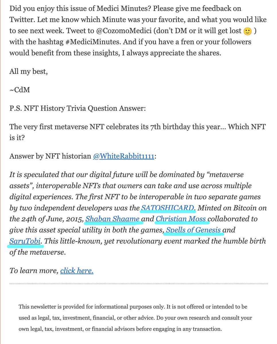 LeonidasNFT's tweet photo. Huge shoutout @CozomoMedici for making NFT History Literacy a priority!
A bunch of Historical NFTs made it into this week's MM that just went out to ~28k people.
-@SpellsofGenesis by @shaban_shaame ๐ซก
- SaruTobi by @MandelDuck ๐ซก
-@cryptopunks ๐ซก https://t.co/v9CMj0t44g