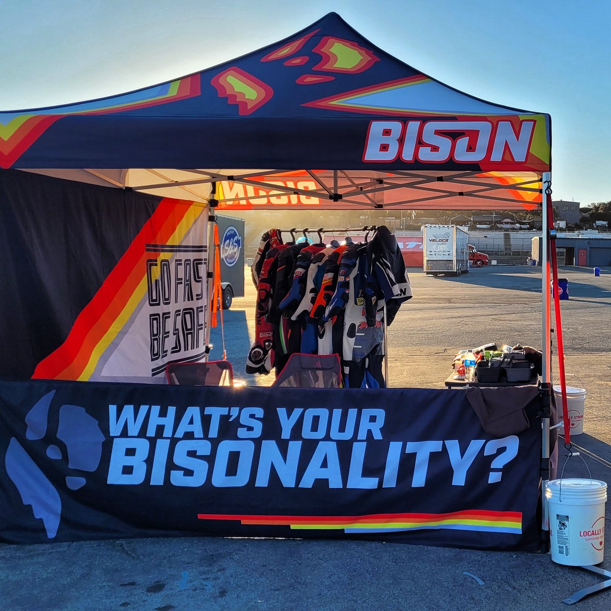 BisonTrack's tweet photo. We always seem to be the last ones out of the paddock! We had a rush of customers before they left the MA races at Laguna Seca so we didn't start tearing the booth down until everyone else was gone! That's a good problem to have. https://t.co/Dn7q7gYBf6 #jointheherd #bisonality https://t.co/ZsOjBYSFah