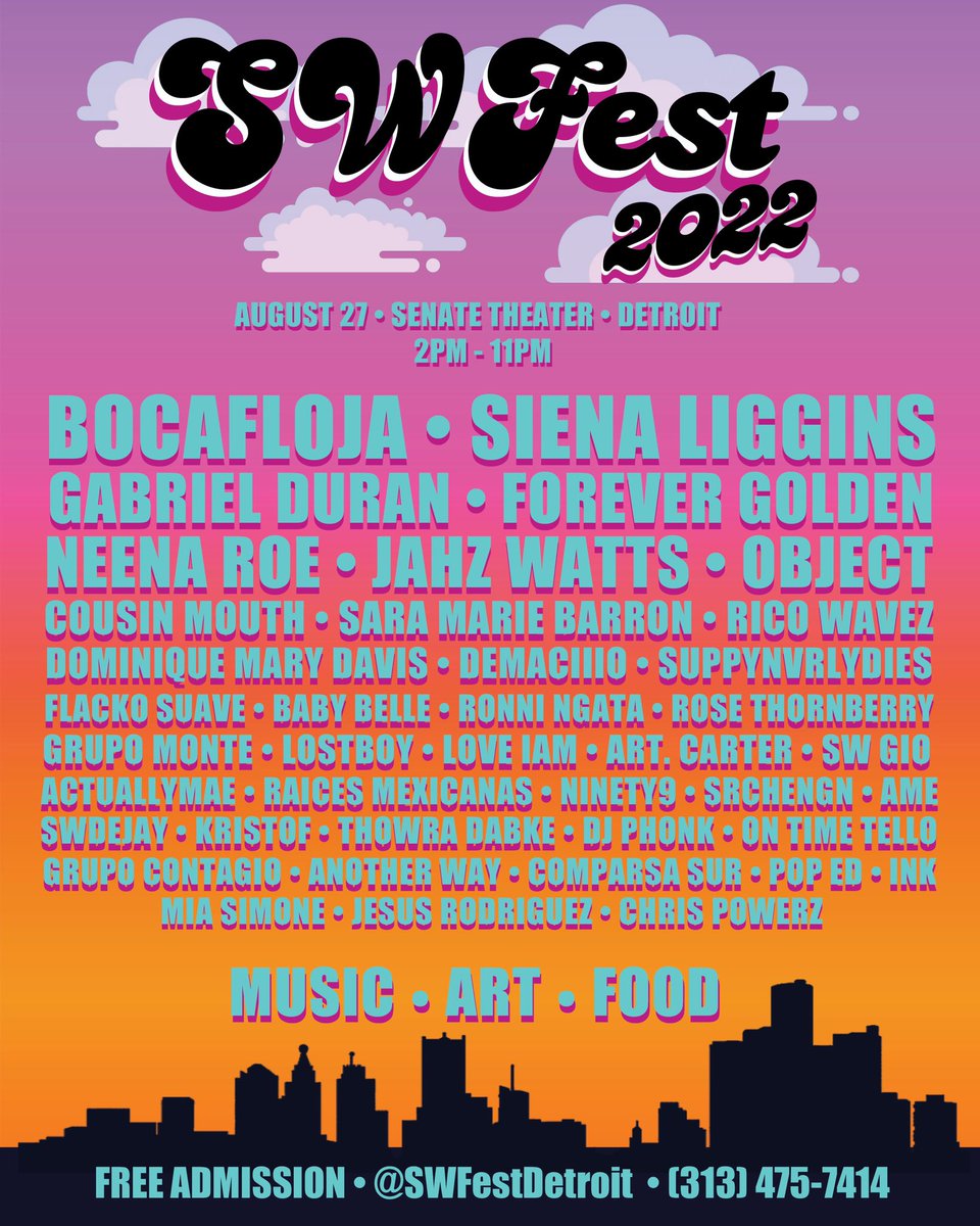 SWFestDetroit's tweet photo. We are excited to announce the full lineup for our 2nd annual SW Fest! Our lineup is filled with several talented artists who will be performing on one of our three stages at the historic Senate Theater.

40 performances. Three stages. One festival. All free!
#SWFest2022☀️ https://t.co/PCUoq8UiTk