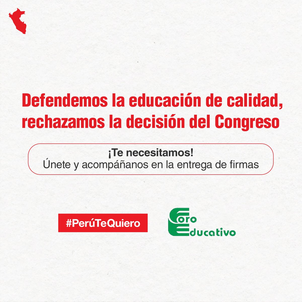 Perutequiero_pe's tweet photo. 📢 ¡Únete a la entrega pública de las firmas recolectadas por Foro Educativo!
Llena el formulario para unirte a la presentación de la demanda de inconstitucionalidad contra la ley que amenaza la calidad educativa universitaria.

📌https://t.co/cBxFFs2634

#ReformaUniversitaria https://t.co/dlDgoQHlEf