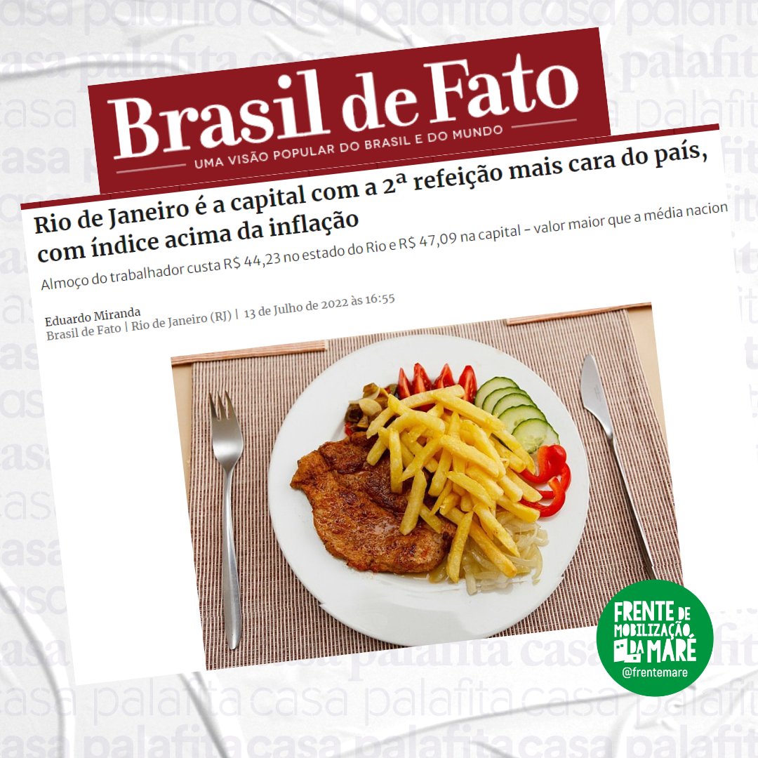 FrenteMare's tweet photo. Conforme apurado pelo jornal @brasildefato, o RJ é a capital com a 2ª refeição mais cara do país, com índice acima da inflação. Um trabalhador gasta, em média R$44,23 para uma refeição com base no Programa de Alimentação do Trabalhador (PAT). (1/2) https://t.co/7I8YgJmlNF
