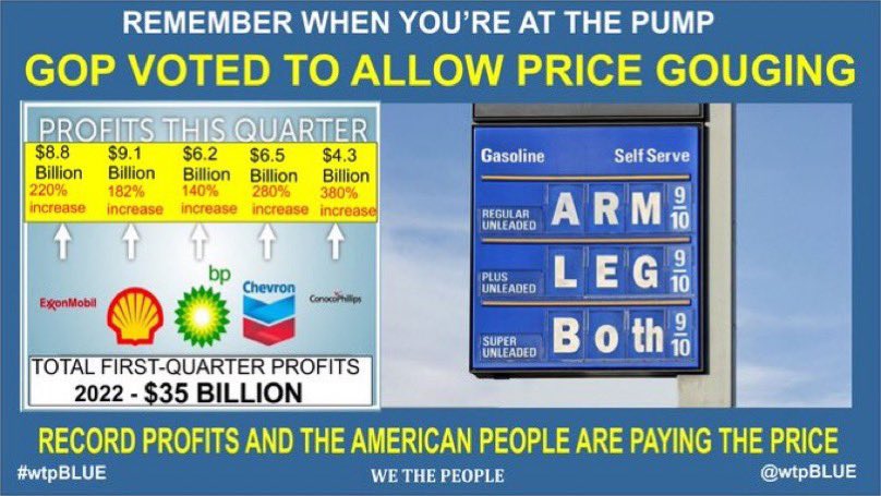 Angry about inflation? Turn your anger to the GOP😡 The US would be doing much better if the GOP stopped obstructing all relief proposed by Dems The GOP voted to allow continued gasoline price gouging GOP's only plan is to make our Country suffer! #VoteBlue #wtpBLUE wtp1420