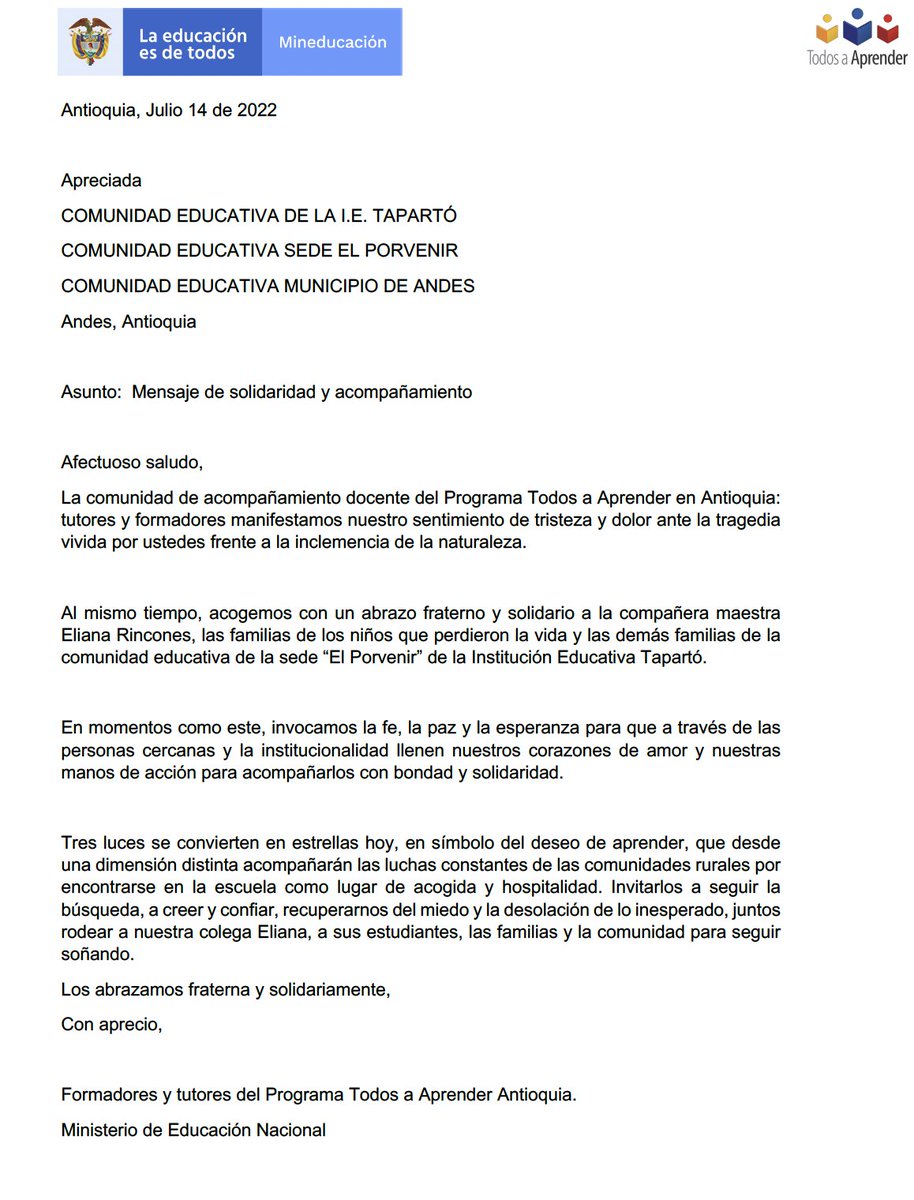 omabe19's tweet photo. Solidaridad y fraternidad con la comunidad educativa de la sede "El Porvenir" de la Institución Educativa Tapartó en el municipio de Andes Antioquia ante el hecho registrado por inclemencia de la naturaleza.  A la maestra Eliana nuestro abrazo @PTA_Colombia @PAntioaquia https://t.co/GhsT3KlRfa