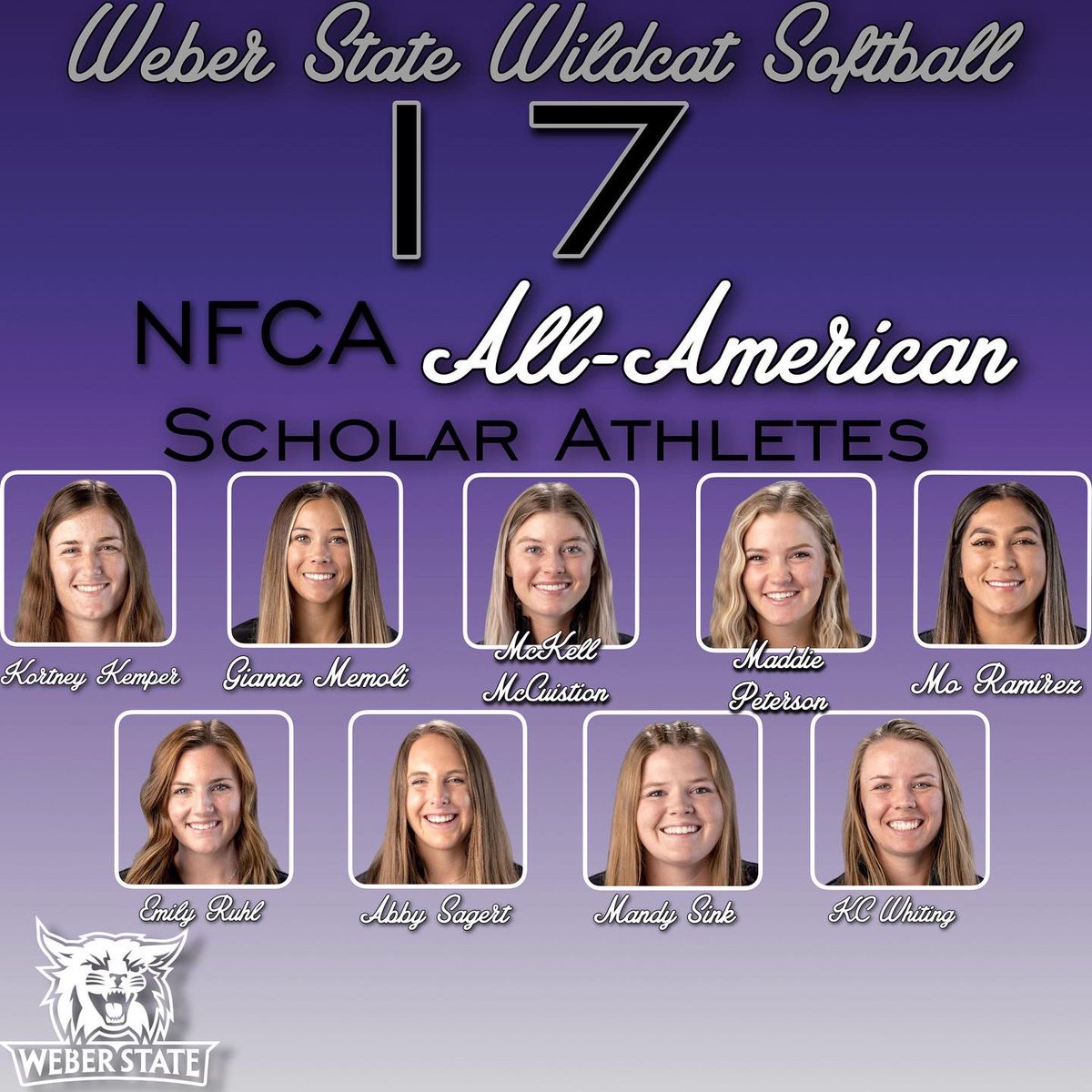 wsusoftball's tweet photo. Monumental success 𝘖𝘕 𝘈𝘕𝘋 𝘖𝘍𝘍 the field❗️Congrats to our 1️⃣7️⃣ Wildcats who were named NFCA All-American Scholar Athletes!

#wsusoftball // #WeAreWeber https://t.co/RfTH9i4ouf