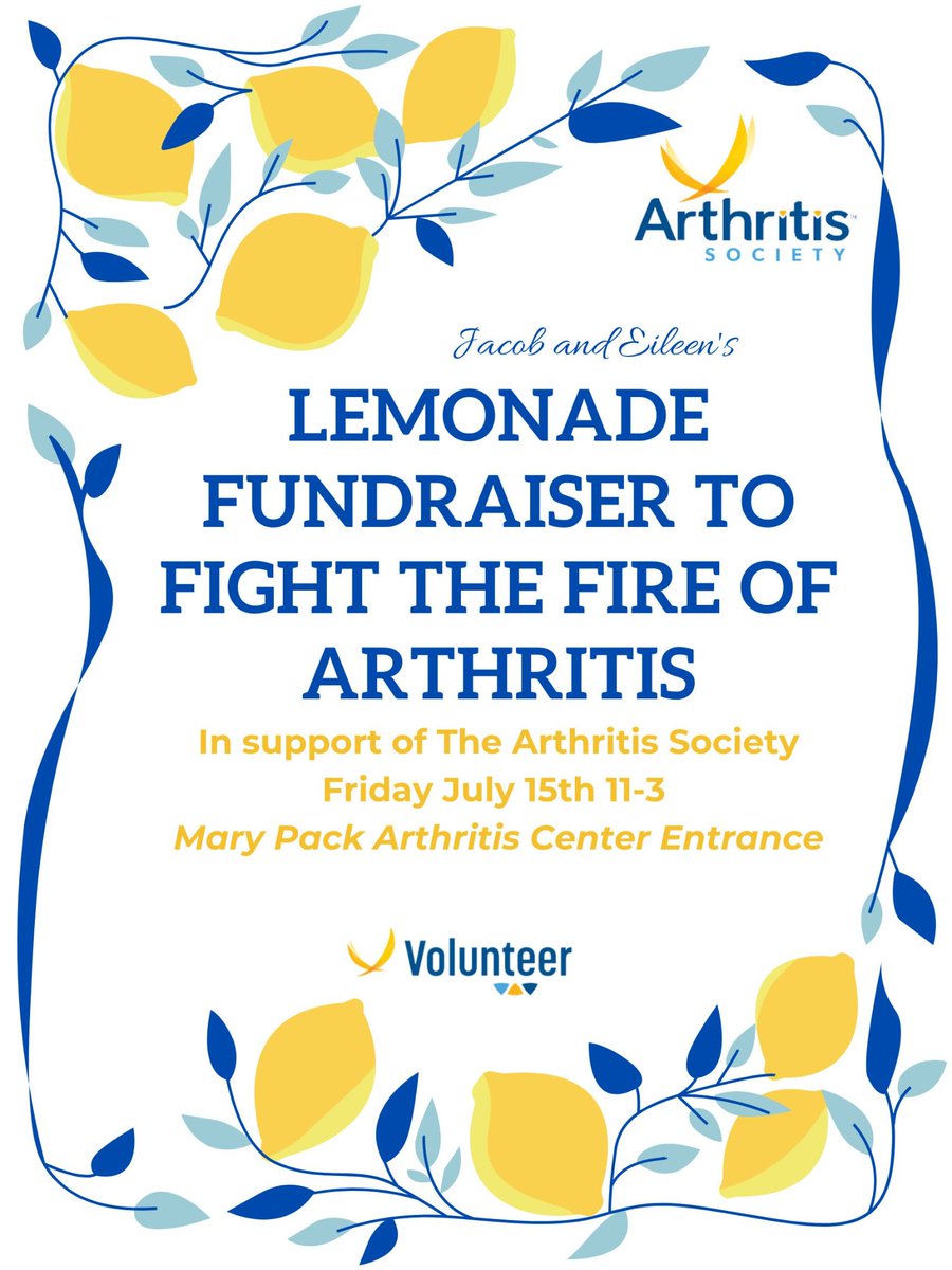 TOMORROW! We're hosting fundraiser in support of @ArthritisSoc outside @VCHArthritis If near come get some lemonade by donation to help Canadians with #Arthritis! Not nearby but want to support our fundraiser? You can do so here: bit.ly/3P1Q32w