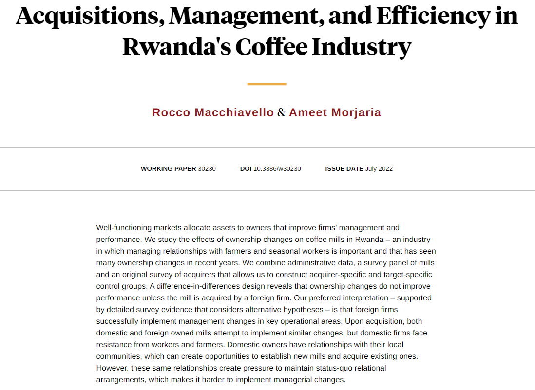 nberpubs's tweet photo. Changes in ownership of coffee mills in Rwanda do not improve performance unless the mills are acquired by foreign firms, which successfully implement management changes in key operational areas, from Rocco Macchiavello and Ameet Morjaria https://t.co/kLqyDm9IPV https://t.co/N8JfeUPYTN
