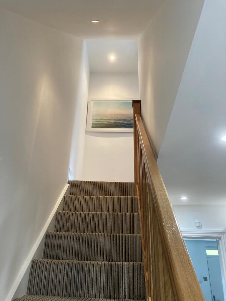 Kitchen, stairs and landing repainted in a light Grey, brilliant white and clear stain wood oil to compliment our client's new kitchen. Voila! #Manchester #Cheshire #painting #decorating #dulux #maintenance #refurbishments