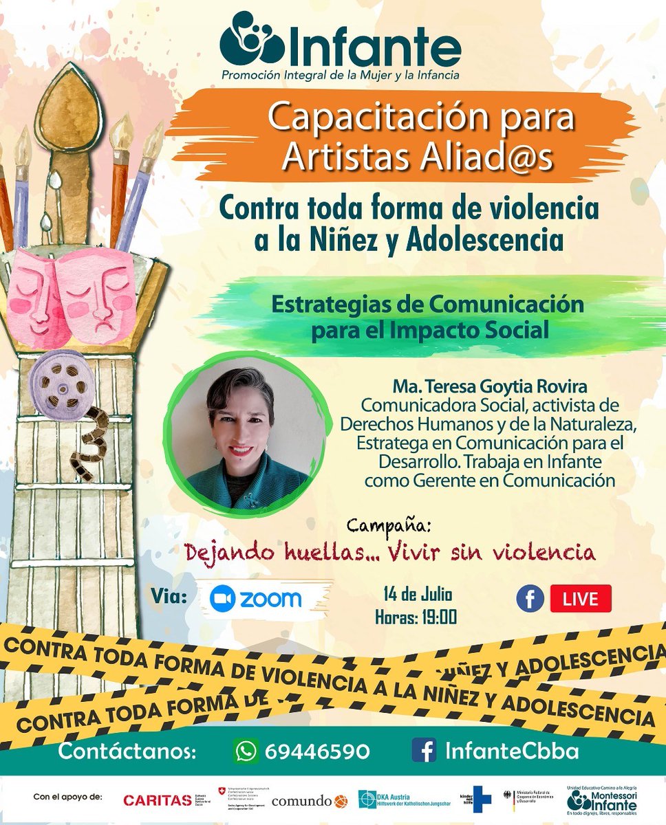 BoliviaInfante's tweet photo. Campaña: Dejando huellas… Vivir sin violencia.

¡Te esperamos!
Día 3:
Teresa Goytia Rovira
Tema: 
Estrategias de comunicación para el impacto social.
Hora: 14 jul 2022 07:00 p. m. La Paz
Más información al:
📲69446590 link directo a WhatsApp https://t.co/loBgWcYYBd https://t.co/8iWBwiyMJ6