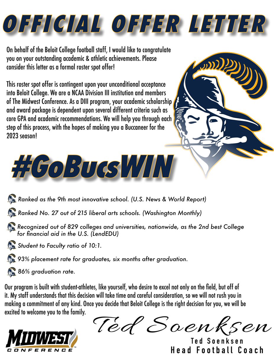 After a good talk with <a href="/CoachWillStrong/">William Affognon</a> I’m thankful &amp; blessed to say I have received an offer from <a href="/BeloitBucsFB/">BeloitBucsFootball</a> !!

<a href="/CoachZachClark/">Zach Clark</a> @EnnisFootball