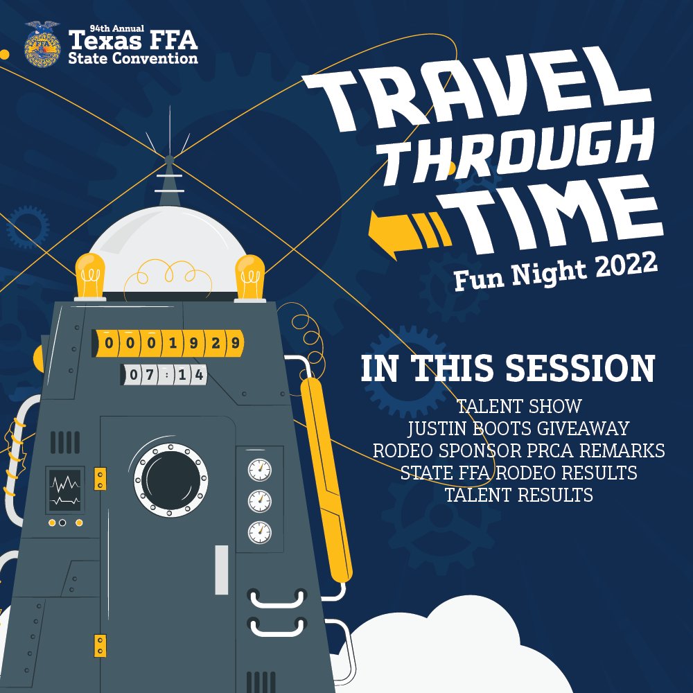 TexasFFA's tweet photo. Tune in to watch Fun Night and the Texas FFA Talent Show at the Texas FFA Convention! 

https://t.co/JV8Ao30tnG

#TexasFFA #AmplifyFFA #MyTexasFFA https://t.co/vUQn1Tn4dD