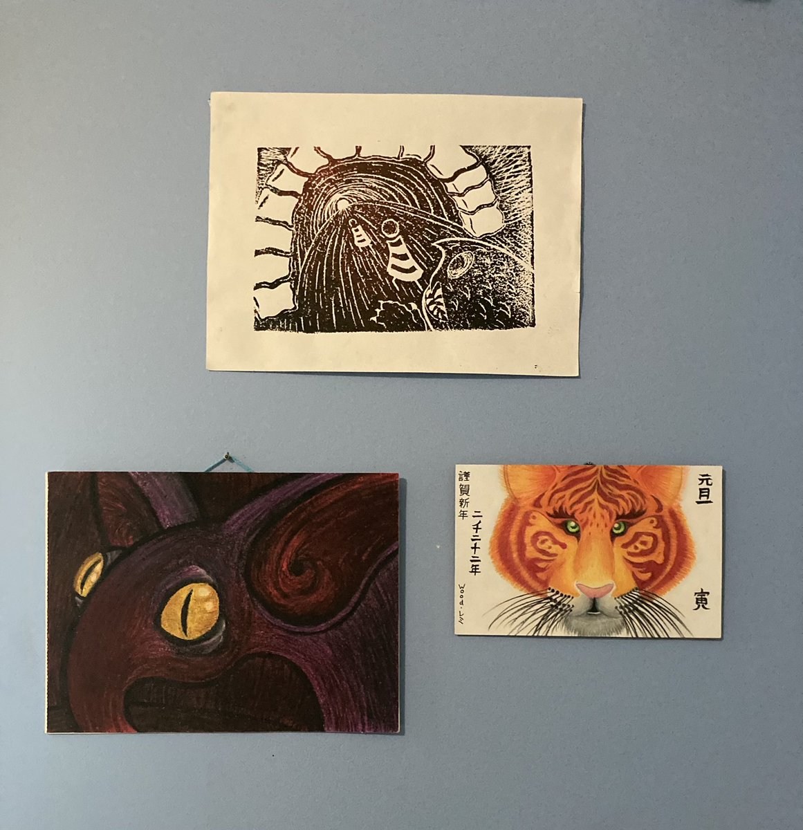 Finally put some of my art up! Everything on the shelf up top is stuff I’ve bought, everything below that is stuff I made.