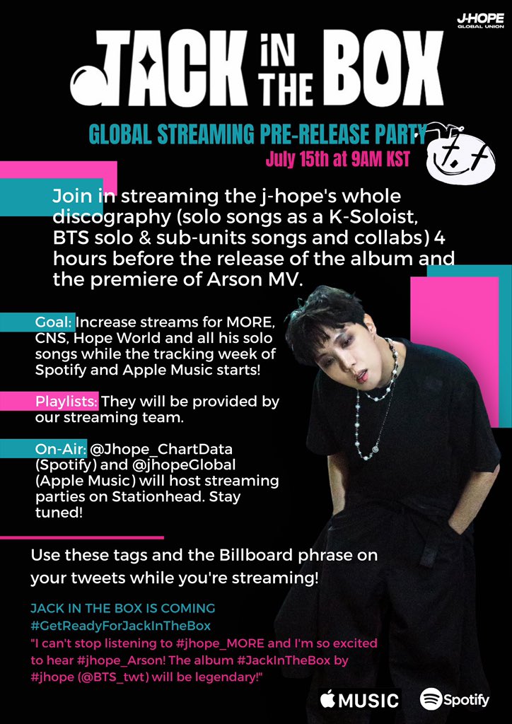 jhopeGlobaI's tweet photo. GLOBAL PRE-RELEASE STREAMING PARTY📦🃏

Join us as we go on-air right now on @STATIONHEAD. Remember the tracking week is just starting.

Apple Music: https://t.co/qJ5h58iAa6
Party: https://t.co/lSojCDowXB

JACK IN THE BOX IS COMING
#GetReadyForJackInTheBox
#JHOPE #JackInTheBox https://t.co/nC86AcTCHj