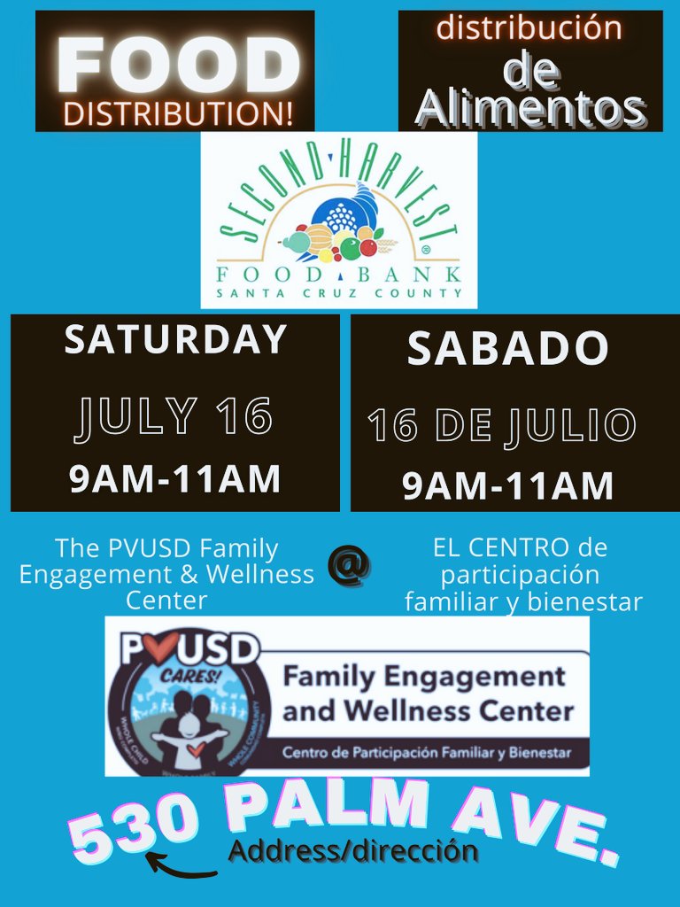 este Sábado Distribución de Alimentos 9-11am! ¡Driscoll's también estará allí con fresas! 530 Palm Ave. <a href="/Pvusdwellness/">PVUSD Family Engagement & Wellness Center</a> this Saturday Food Distribution 9-11am! Driscoll's will be there with strawberries too! <a href="/PajaroValleyUSD/">Pajaro Valley Unified School District</a> <a href="/SecondHarvestSC/">Second Harvest Food Bank Santa Cruz County</a>