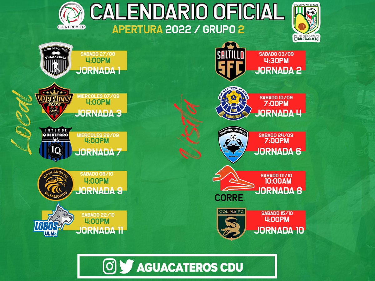 📆 Listas las 11 fechas, en las que saldremos a dejar el alma en la cancha, en el torneo de Apertura 2022 del grupo 2 en la <a href="/LigaPremier_FMF/">Liga Premier FMF</a>. 

Anótalas, y juntos caminemos en busca de la gloria. ¡Vamoooos! 👊🏻