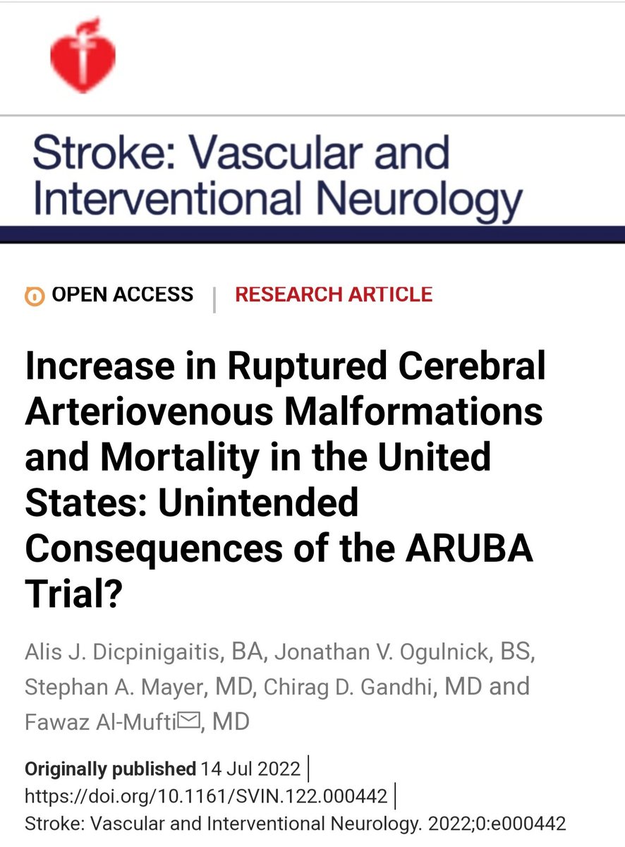 Fawaz Al-Mufti, MD, FSVIN (@almuftifawaz) on Twitter photo Unintended consequences of the #ARUBA Trial?
Real-world hypothesis generating study of 31K ruptured #AVM between 2009-2019:
↑↑ Incidence of rupture in the post‐ARUBA era (13.3% vs 34.4%;P<0.001)
↑↑ Mortality (2.0% vs 7.6%;P<0.001)
🙏🏻 <a href="/SVINJournal/">Stroke: Vascular and Interventional Neurology</a> ahajournals.org/doi/10.1161/SV… Unintended consequences of the #ARUBA Trial?
Real-world hypothesis generating study of 31K ruptured #AVM between 2009-2019:
↑↑ Incidence of rupture in the post‐ARUBA era (13.3% vs 34.4%;P<0.001)
↑↑ Mortality (2.0% vs 7.6%;P<0.001)
🙏🏻 <a href="/SVINJournal/">Stroke: Vascular and Interventional Neurology</a> ahajournals.org/doi/10.1161/SV…