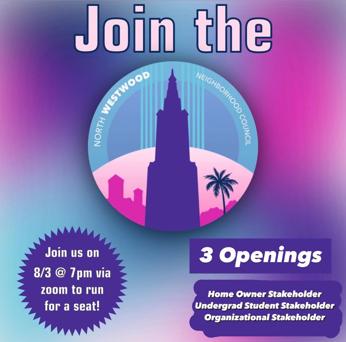 North Westwood Neighborhood Council (@officialnwwnc) on Twitter photo Get involved in the community and run for one of our three open seats on 8/3!
🏡🏢 Homeowner Representative
📚✏️ Undergraduate Student Representative
📂📤 Organizational Stakeholder
Apply with a brief candidate statement and qualifications to: furkannwwnc@gmail.com Get involved in the community and run for one of our three open seats on 8/3!
🏡🏢 Homeowner Representative
📚✏️ Undergraduate Student Representative
📂📤 Organizational Stakeholder
Apply with a brief candidate statement and qualifications to: furkannwwnc@gmail.com
