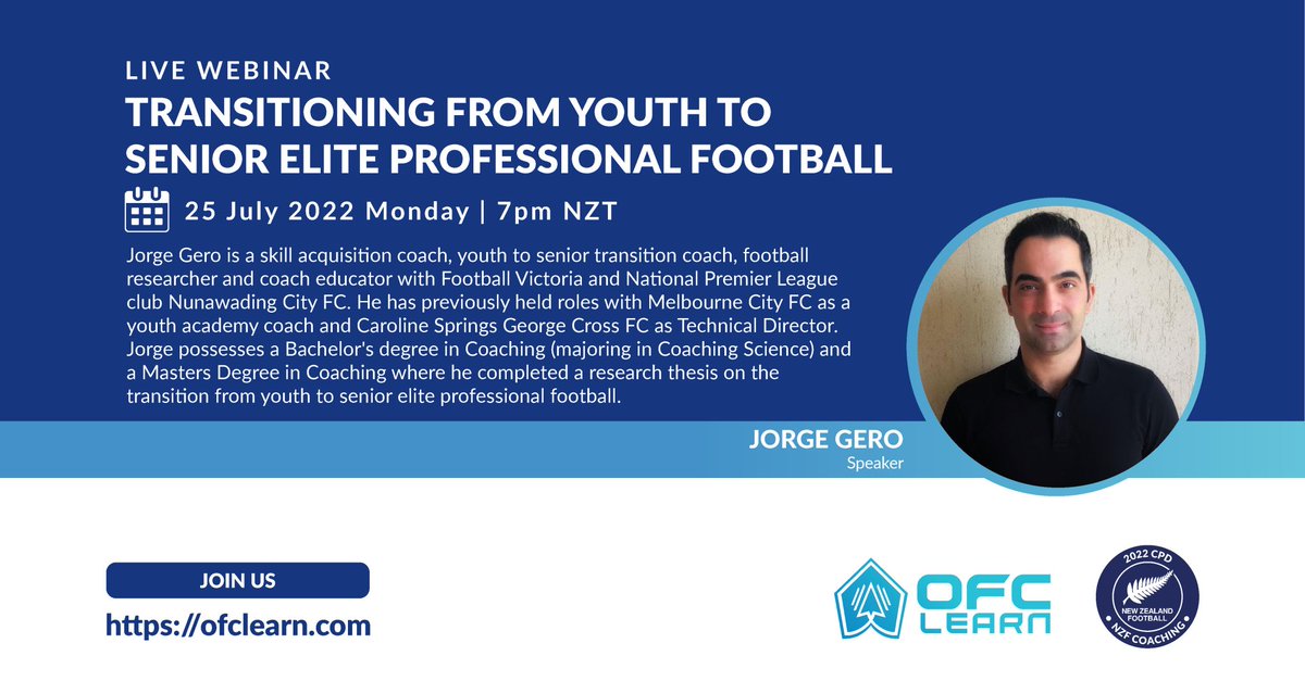 Looking forward to presenting on the transition from youth to senior #football

Thank you 
<a href="/OFCfootball/">Oceania Football Confederation</a>
 for the opportunity to share with the football community!

Register free: lnkd.in/gu-ckAm5

Monday July 25th - 7pm NZT (5pm AEST)

#webinar #youthdevelopment #research