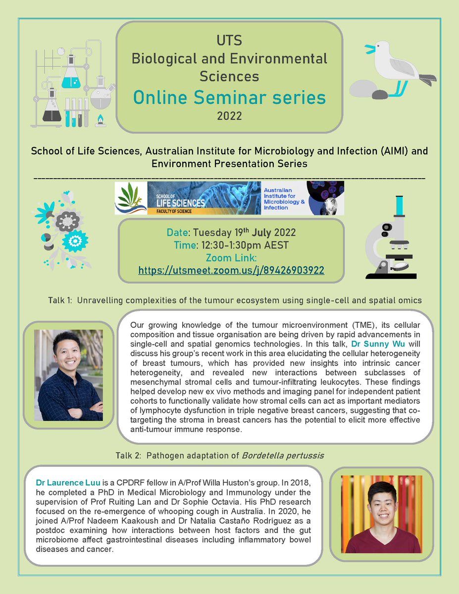 Laurence Luu (@laurenceluu) on Twitter photo Join us on 19th July at 12:30 p.m AEST for two exciting talks hosted by <a href="/UTS_Science/">UTS Science</a> <a href="/AIMI_UTS/">Australian Institute for Microbiology & Infection</a>
<a href="/sunnyz_wu/">Sunny Wu</a> will present his <a href="/GarvanInstitute/">Garvan Institute of Medical Research</a> work on #singlecell genomics in #breastcancer
I will present my <a href="/LanlabUnsw/">lanlabUNSW</a> work on B. pertussis adaptation
zoom:utsmeet.zoom.us/j/89426903922 Join us on 19th July at 12:30 p.m AEST for two exciting talks hosted by <a href="/UTS_Science/">UTS Science</a> <a href="/AIMI_UTS/">Australian Institute for Microbiology & Infection</a>
<a href="/sunnyz_wu/">Sunny Wu</a> will present his <a href="/GarvanInstitute/">Garvan Institute of Medical Research</a> work on #singlecell genomics in #breastcancer
I will present my <a href="/LanlabUnsw/">lanlabUNSW</a> work on B. pertussis adaptation
zoom:utsmeet.zoom.us/j/89426903922