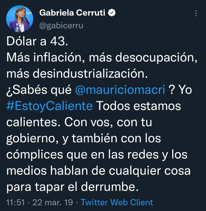 Hola <a href="/gabicerru/">Gabriela Cerruti - fake</a> en que andas?

#DolarBlue
