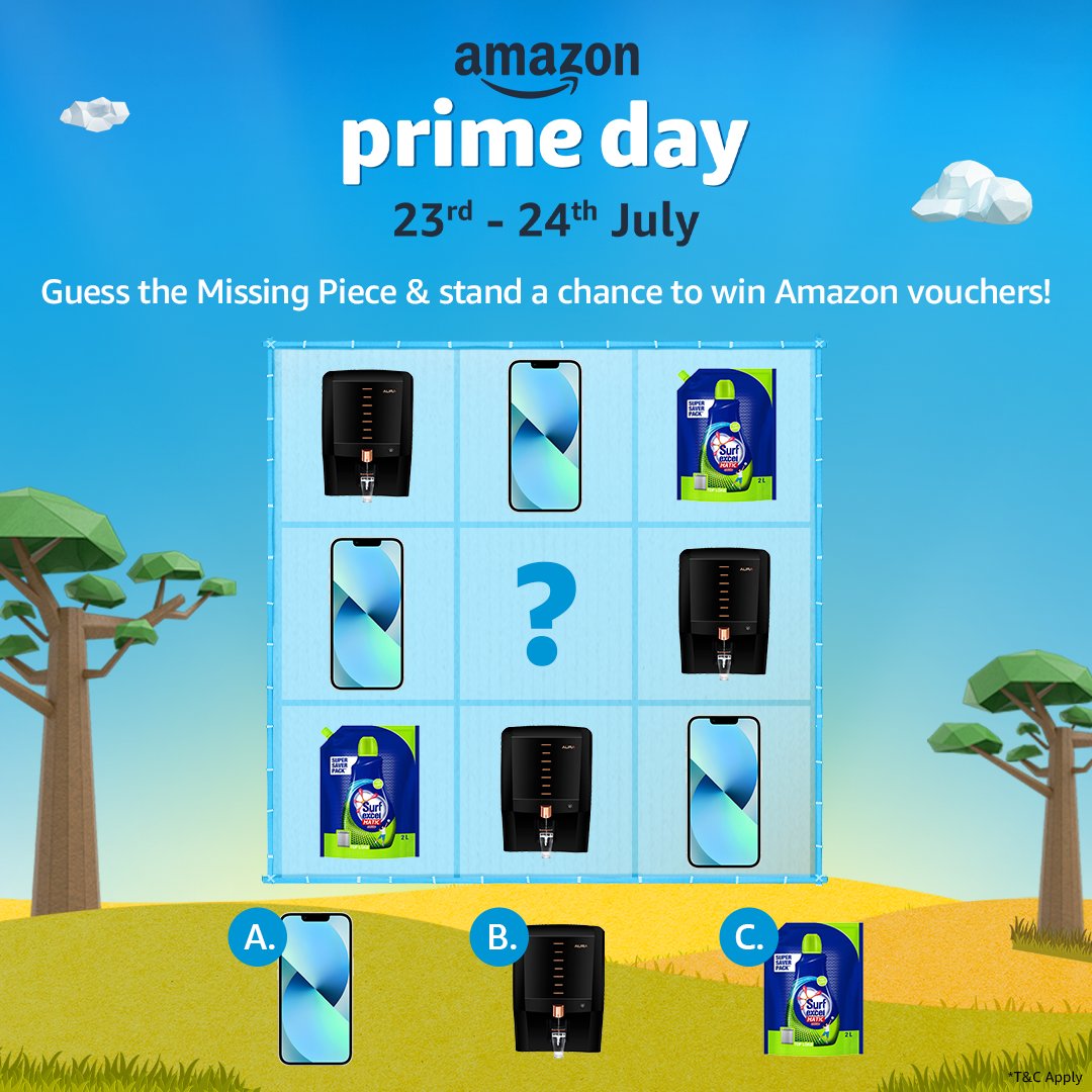 amazonIN's tweet photo. You are just one ‘piece’ away from winning Amazon vouchers worth ₹2K! 
Read the below rules and let the games begin. 
Rules: 
1. Comment the right answer from the given options. 
2. Use the #AmazonPrimeDay and #DiscoverJoy while posting your comment. https://t.co/zut8beNtlO