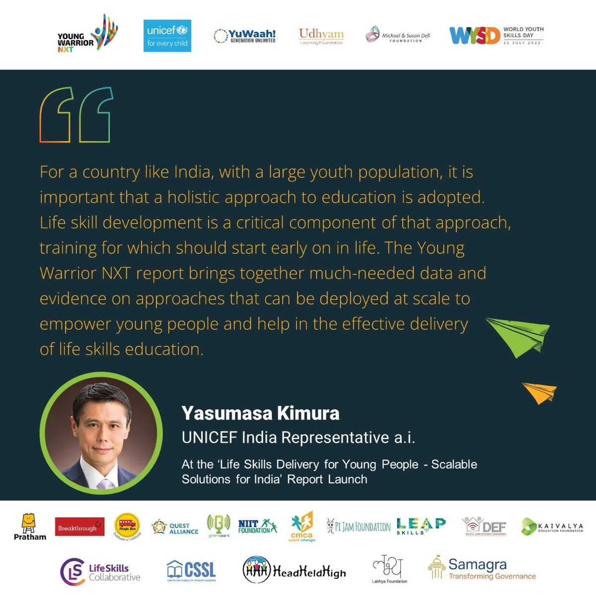 Mr Yasumasa Kimura, <a href="/UNICEFIndia/">UNICEF India</a> Representative a.i. speaking at the report launch of "Life Skills Delivery for Young People - Scalable Solutions for India". 

Click here to catch the event live - youtu.be/K55pJfyHG2w 

#YWNXT #WYSD2022