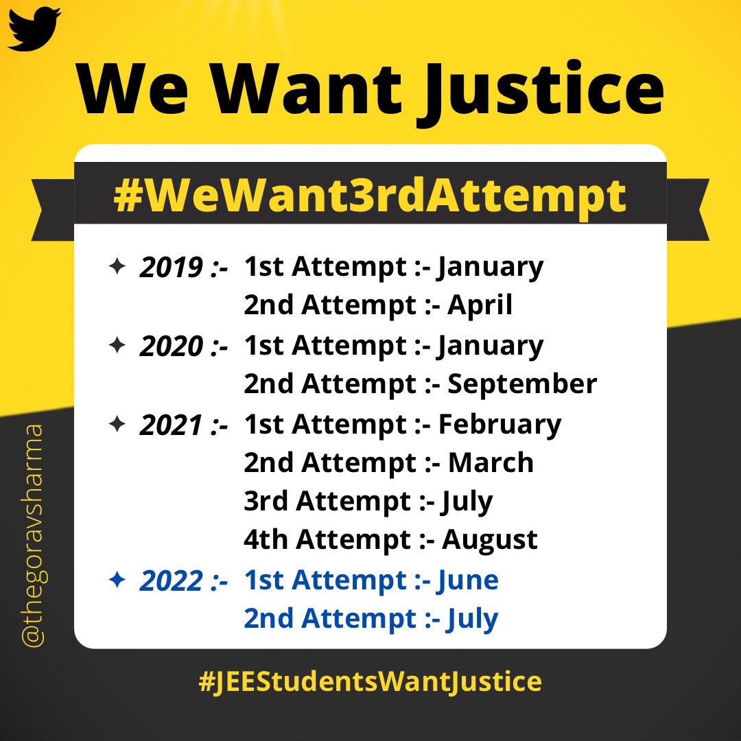 #JEEStudentsWantJustice Our 11th start with COVID-19 and 12th ended with just 2 Months offline. I’m from Jammu and we don’t have Internet for one year. Our batch is considered as one of badly effected by COVID-19, but what matters for NTA is politics and money. #WeWant3rdAttempt
