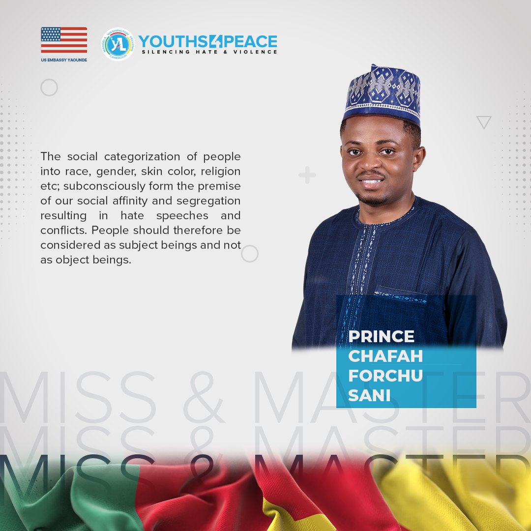 MWFCameroon's tweet photo. Prince Chafah Forchu Sani (Centre Region) inspiring message to combat hate speech, youth violence and youth radicalization in Cameroon.
Vote for him by Retweeting, Replying and Liking 
#237Youth4Peace
@USEmbYaounde https://t.co/xEL6Fjnk8b