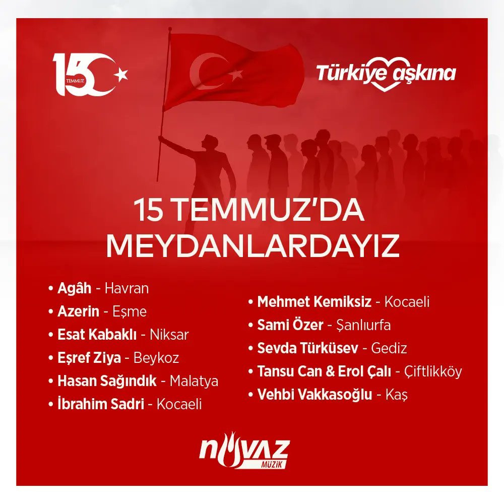 Bugün meydanlardayız... Devletimizin, milletimizin, bayrağımızın yanında, dimdik ayaktayız!
🇹🇷
#15temmuz #DemokrasiVeMilliBirlikGünü 
<a href="/Agah_Terzi/">Agâh</a> <a href="/Azerin_/">Azerin</a> <a href="/estkbkli/">ESAT KABAKLI</a> <a href="/esrefziya/">Eşref Ziya</a> <a href="/hasansagindik/">Hasan Sağındık</a> <a href="/ibrahimsadri24/">İbrahim Sadri</a> #SamiÖzer <a href="/sevdaturkusev/">sevda turkusev</a> <a href="/tansucanakademi/">Tansu Can Türkübey</a> <a href="/erolcalitr/">Erol Çalı</a> <a href="/VehbiVakkasoglu/">Vehbi Vakkasoğlu</a>