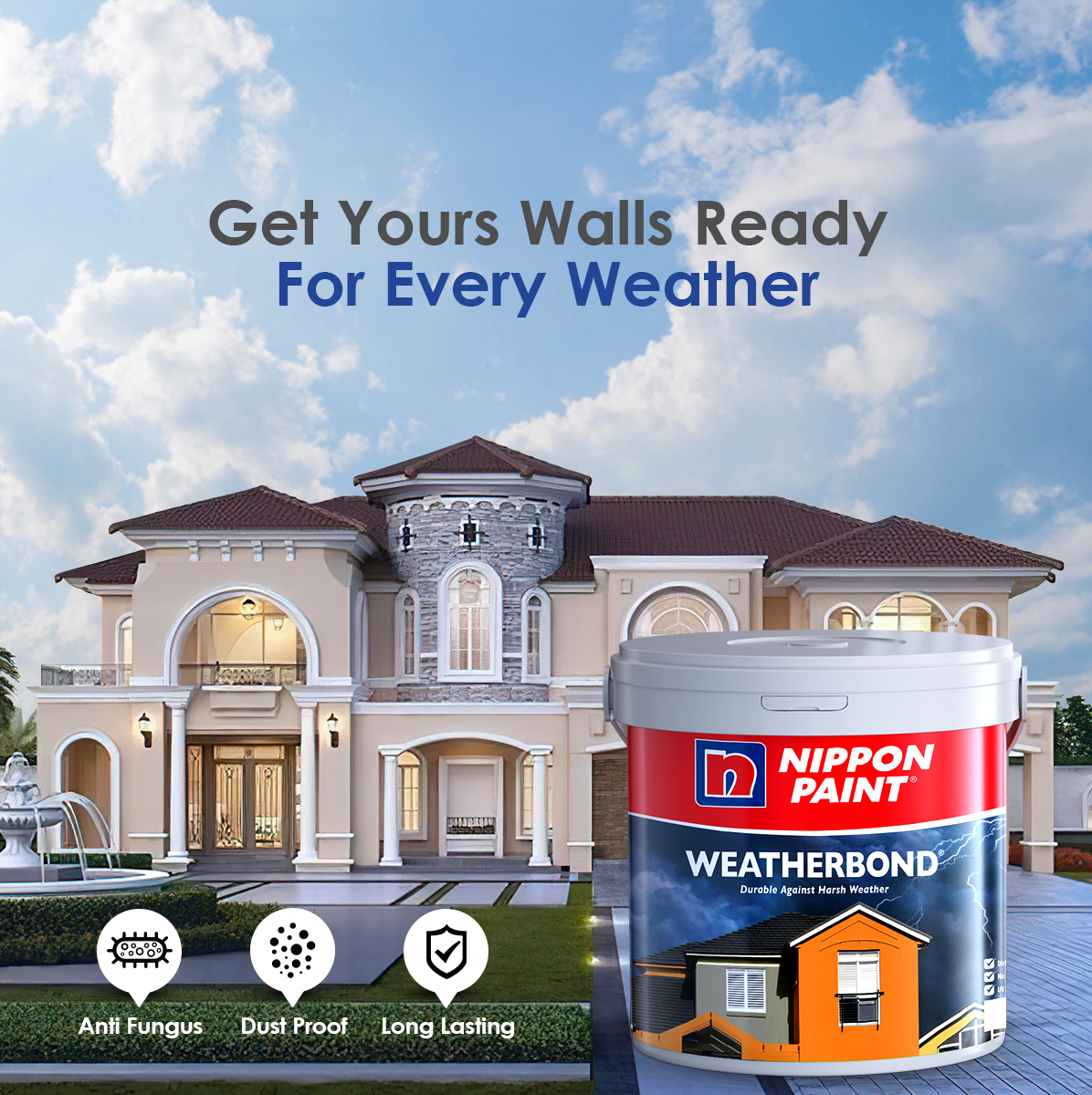 nipponpaintpak's tweet photo. Don’t let monsoon rains ruin your exterior walls! 
Nippon WeatherBond with its Japanese technology, is highly durable against hash weather, dirt and fungus.

Shop Online: https://t.co/Q3coUu2DbS

#NipponPaint #AsiasNo1Paint #InspiredByYou #RungSabKeLiye #WeatherBond #Monsoon https://t.co/26Jnn0H4V8